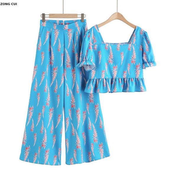 

two piece dress 2021 women's 2-piece printed short sleeve + wide leg pants set korean fashion style 2 peice sets, White