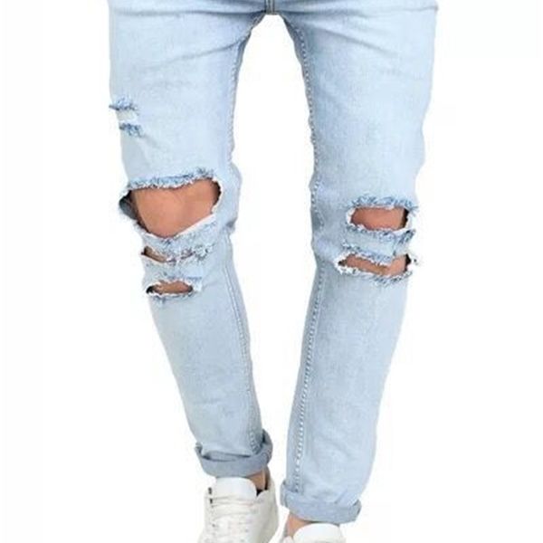

fashion jeans spring and summer light color men's blue stretch slim hole pants