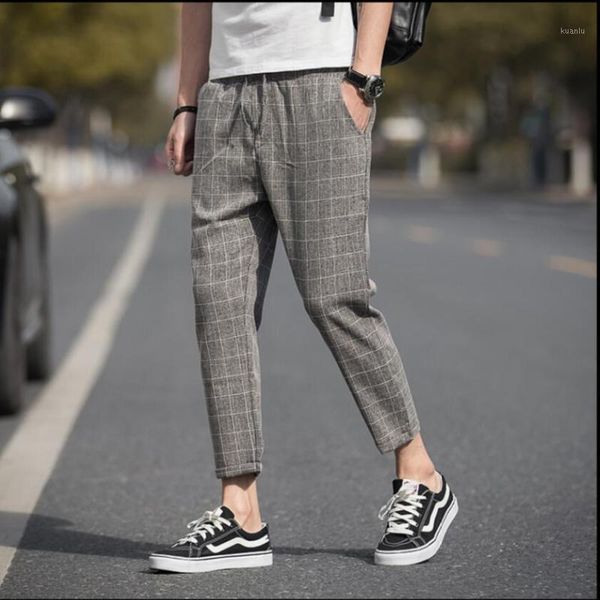 

m-5xl 2021 summer men's clothing casual linen feet pants male loose harem plaid 9 points hairstylist costumes, Black