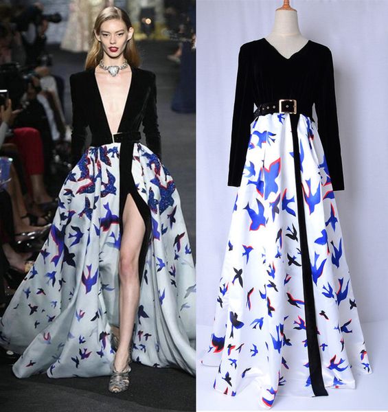 

casual dresses autumn runways long sleeve veet v neck swallowing maxi impression elegant female party d129, Black;gray