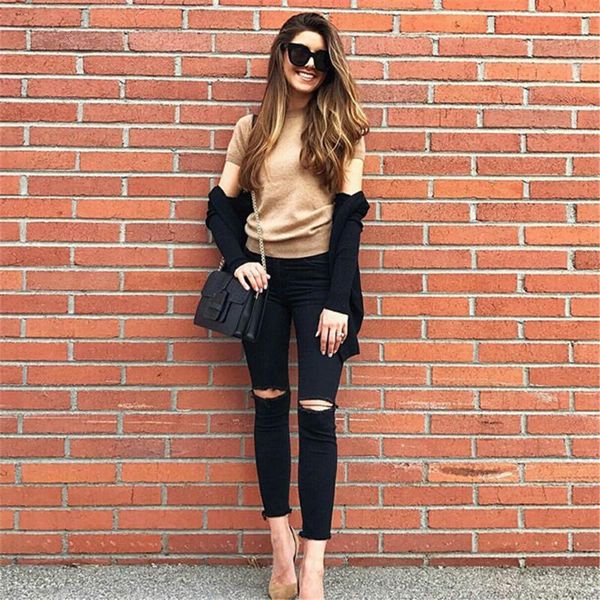 

women's jeans europe and the united states selling knee hole nine points female slim elastic tassel denim fashion wild pencil pants, Blue