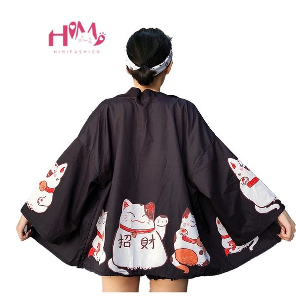 

kpop ulzzang cute black women's kimono summer japanese harajuku street shirts vintage kawaii cat blouses female cardigan, White;black