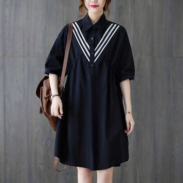 

print striped short sleeve shirt drs women's loose 2021 summer korean casual wrinkle show thin skirt, Black;gray