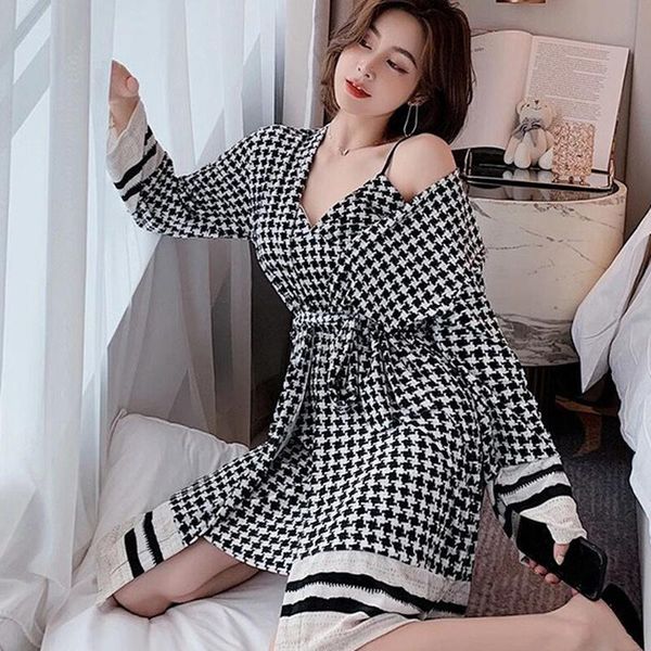 

korean bathrobe for women summer silk houndstooth print robe sets girls fashion sleepdress sling nightgown two piece women's sleepwear, Black;red