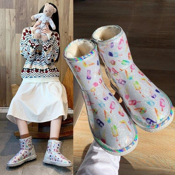 

boots net celebrity snow women 2021 korean winter round head ice short tube warm flat casual women's, Black