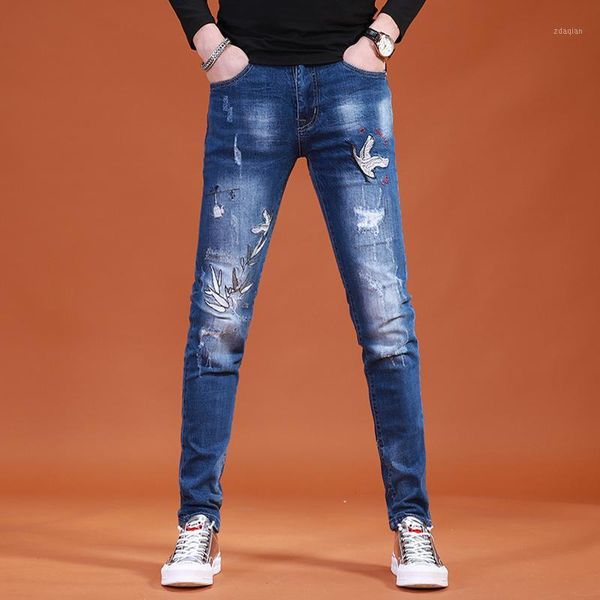 

blue ripped embroidery jeans men 2021 casual streetwear slim fit pencil pants men's