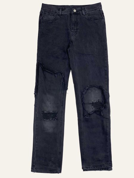Jeans masculinos Raf Two-Color Two-Color Stitching Destruction Destruction lavado jeans desgastado Loose Reta perna de rua High Street Pants Tide338