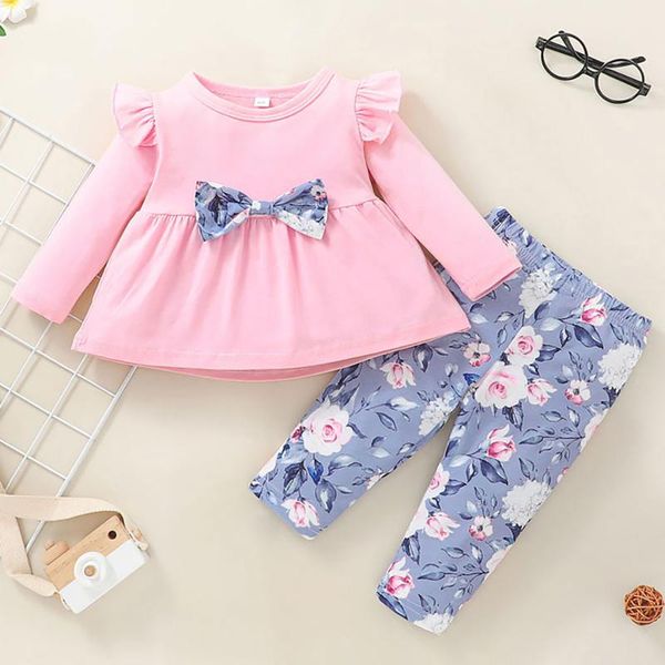 

clothing sets born baby children's for girls bow loose t-shirt long sleeve floral pants outfits set ropa niÃ±a, White