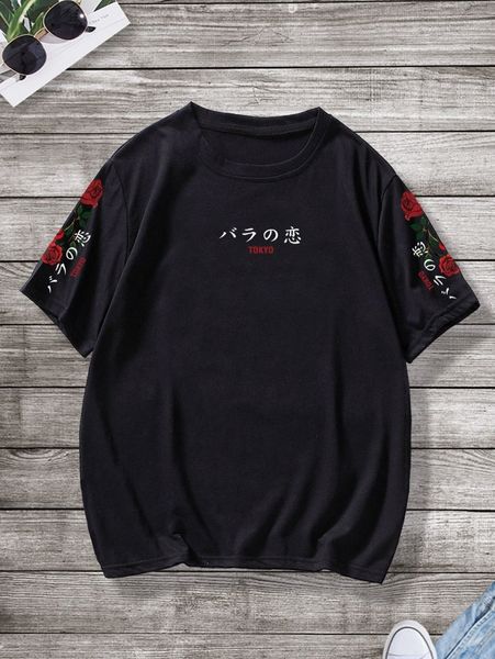 

men floral & japanese letter graphic tee y6rv#, White;black