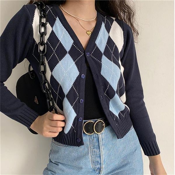 

women's knits & tees women vintage v-neck plaid long sleeve sweater 2021 autumn winter short knitted cardigan sweaters check coat, White