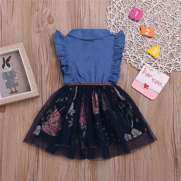 Toddler Kids Neonate Dress Summer Trendy Senza maniche Denim Mesh Dress Abbigliamento per bambini Abiti per neonate Vestidos Q0716