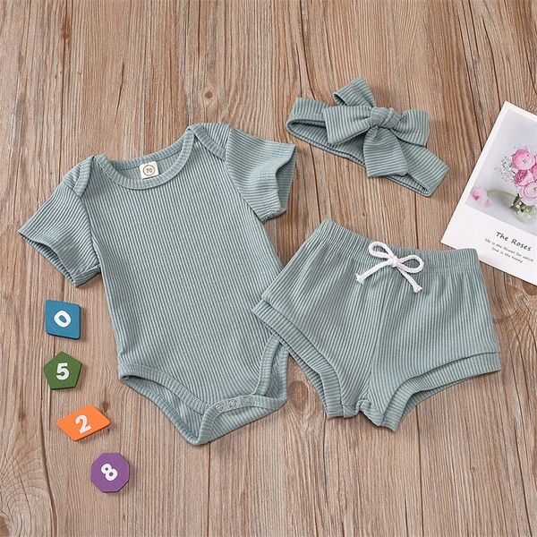 

ins baby boutique clothing sets suits summer short sleeve knitted cotton outfits rompers shorts headbands 3pieces children clothes 2113 q2, White