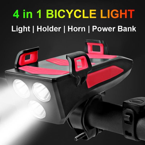

multi-function 4 in 1 bicycle light usb rechargeable led bike headlight horn phone holder power bank 4000mah cycling cell mounts & holders