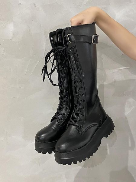

boots round toe lady shoes zipper boots-women luxury designer thigh high heels rubber autumn 2021 med rock fashi, Black