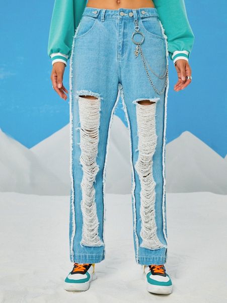 

romwe ripped straight leg jeans 46jy#, Blue