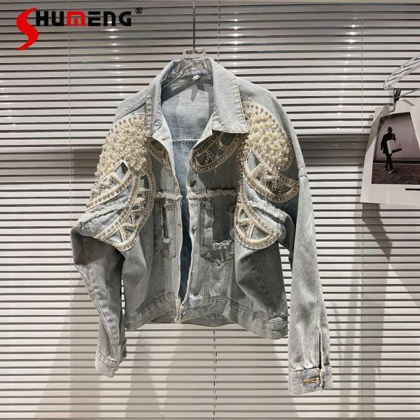 

women's jackets 2021 spring solid color loose long sleeves jacket coat jane beaded hand frayed denim female, Black;brown