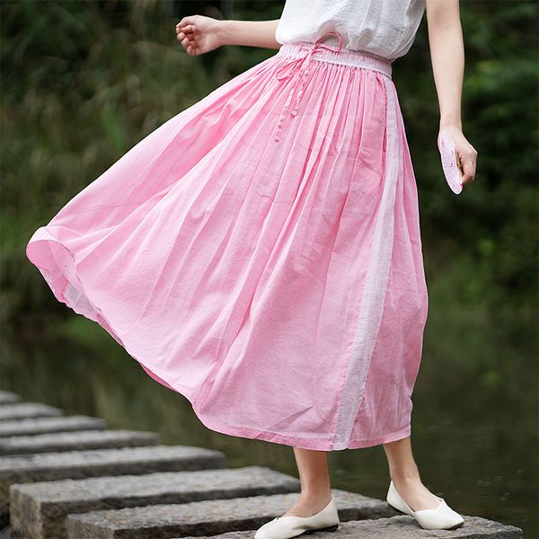 

skirts 2021 ramie double layer elastic waist drawstring feminine gentle style literary pink fairy a-line skirt a28, Black