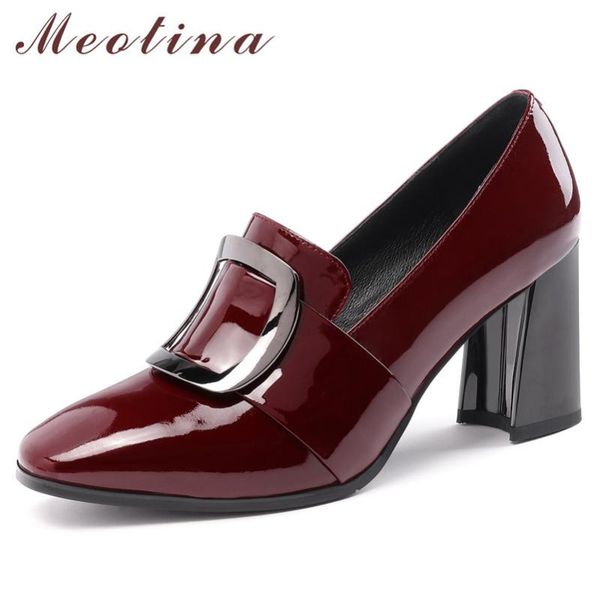 

dress shoes meotina high heels women natural genuine leather chunky heel real buckle square toe pumps lady size 40, Black
