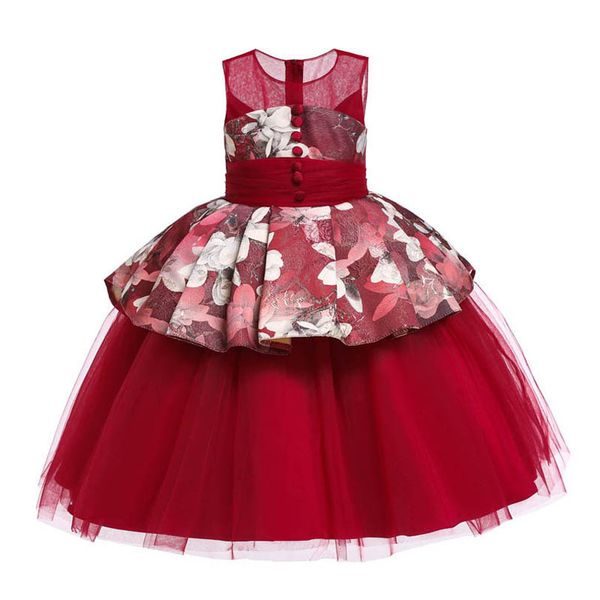 

girls dresses kids clothes children clothing sleeveless print princess mesh formal dress ball gown b8247, Red;yellow