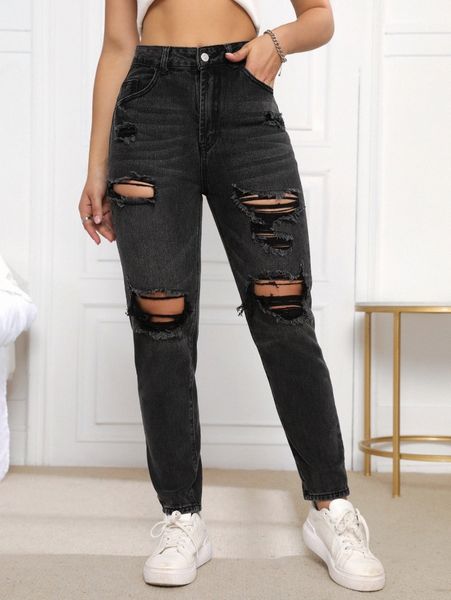 

high waist ripped mom jeans i3wk#, Blue