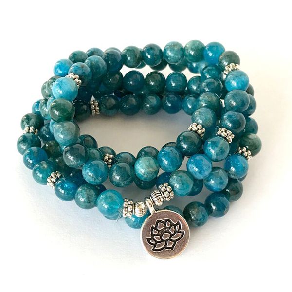 MG1363 Новый дизайн AAA сорта Blue Apatite 108 Mala Bractelet Lotus Charm Ожерелье Женщины Духовный баланс Мала Бусины Ювелирные Изделия