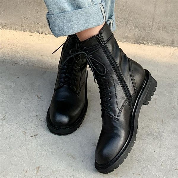 

boots leather matin thick bottom lace-up ankle fashion lady short low-heel scarpe casual botines mujer, Black