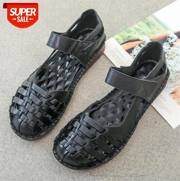 

the first layer of cowhide casual hollow breathable mother sandals, leather women's shoes, velcro flat shoes #qm6d, Black