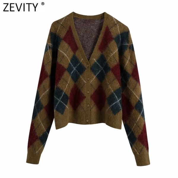 Frauen Vintage V-ausschnitt Geometrische Muster Strickjacke Stricken Pullover Damen Chic Einreiher Casual Retro Tops S498 210420