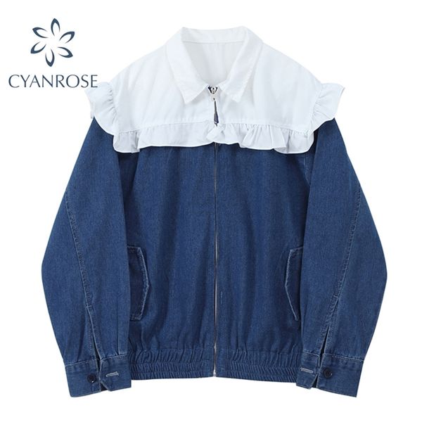 

ruffle peter pan collar spliced denim coat streetwear sweet zipper jeans jackt vintage elegant baggy casual blue female 210430, Black;brown