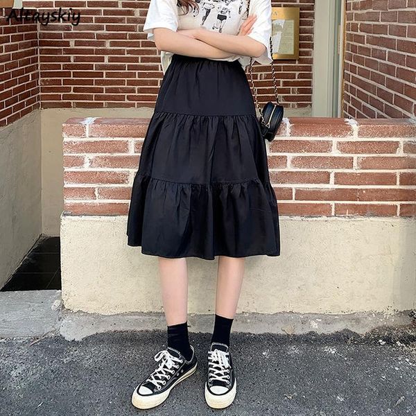 

skirts women solid sweet stylish korean style students baggy all-match a-line comfortable simple chic feminine summer bf chiffon, Black