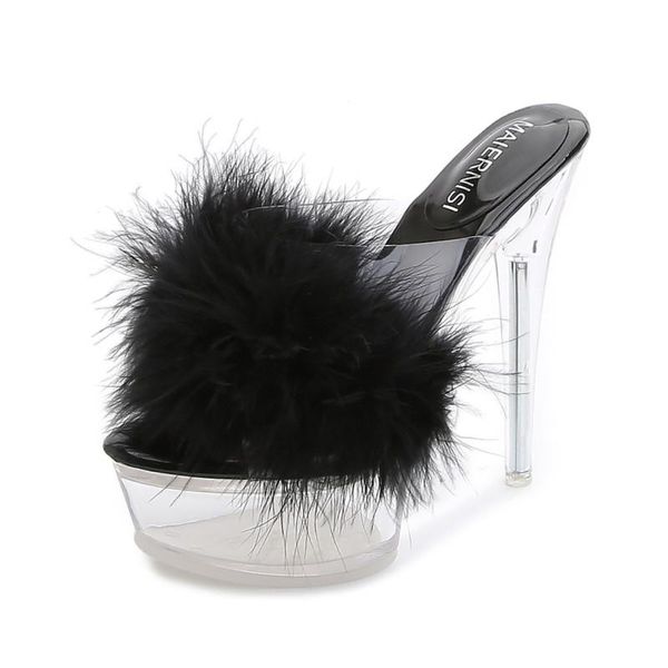 

hairy super high heels stiletto platform slippers transparent crystal sandals wedding shoes dress banquet, Black
