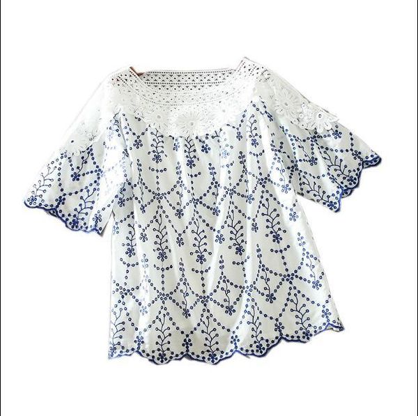 

women's blouses & shirts spring summer short sleeve hollow out lace embroidery vintage shirt female casual loose cotton o-neck blouse, White