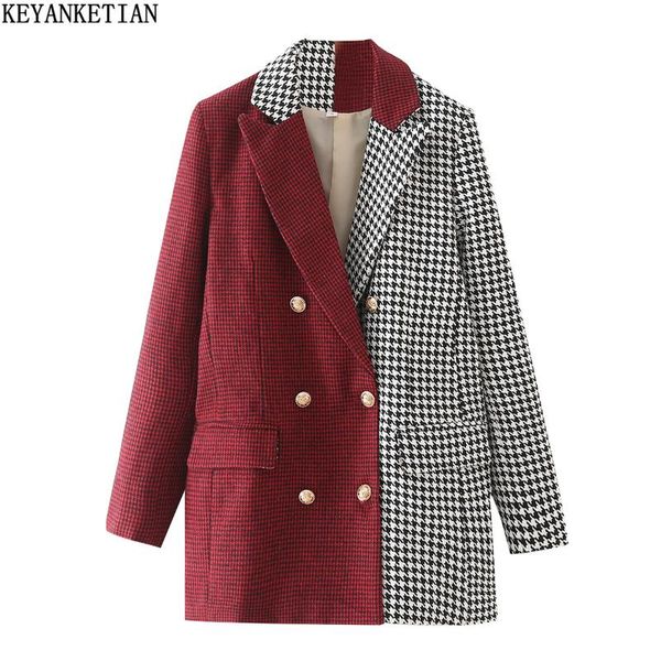 

women's suits & blazers keyanketian spring and autumn long-sleeved double-breasted metal buckle red stitching plaid suit female jacket, White;black