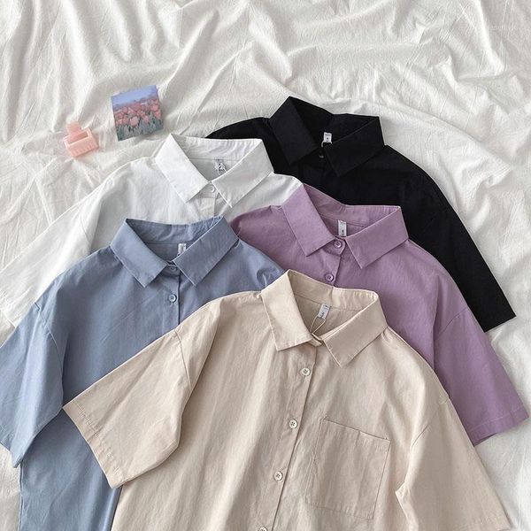 

women's blouses & shirts solid women summer 2021 turn-down collar pocket short-sleeved casual all match female outwear, White