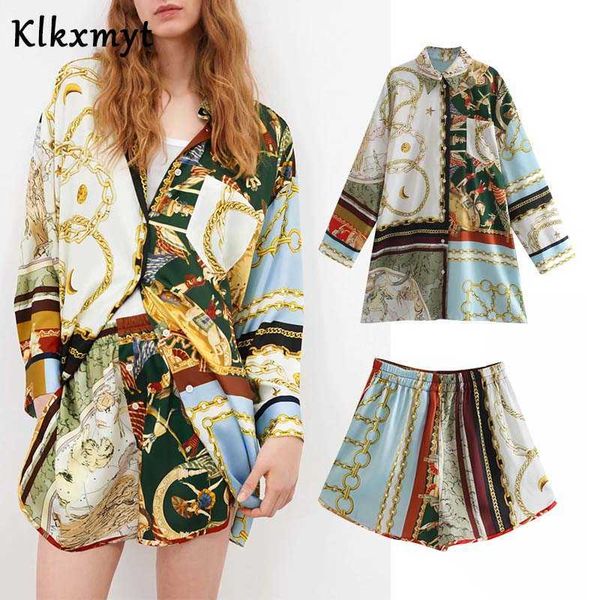 

klkxmyt two pieces set women chic fashion splicing print loose blouse shirts and high wasit shorts 2 sets 210527, White