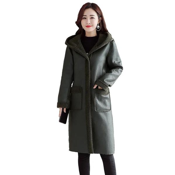 

women's leather & faux pu jacket 2021 autumn winter female fur velvet thick warm femme long hooded windbreaker women coat, Black