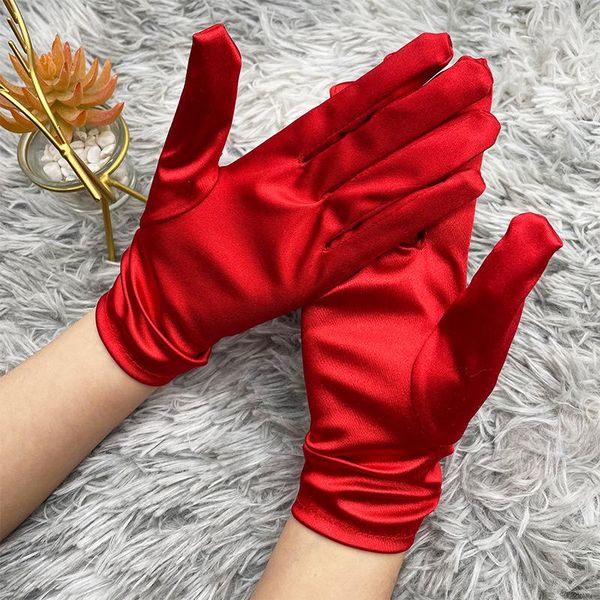 

five fingers gloves solid color satin pearl full finger mittens etiquette performances stretch beaded girls wedding for children, Blue;gray