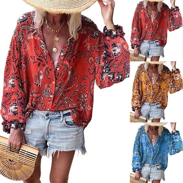 

bra dress women single breasted long-sleeved female fashion autumn casual floral print blouse plus size shirt vintage, Red;black