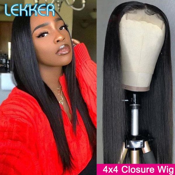

lace wigs lekker silky straight 4*4 hd closure human hair for black women pre plucked glueless brazilian remy natural, Black;brown