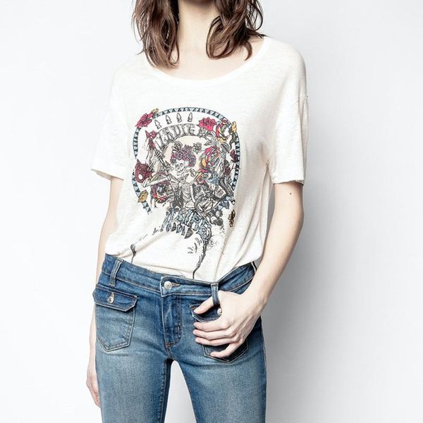 

women's t-shirt women skull rose print short-sleeved o- neck loose fashion slub cotton ladies and tees female outfit, White
