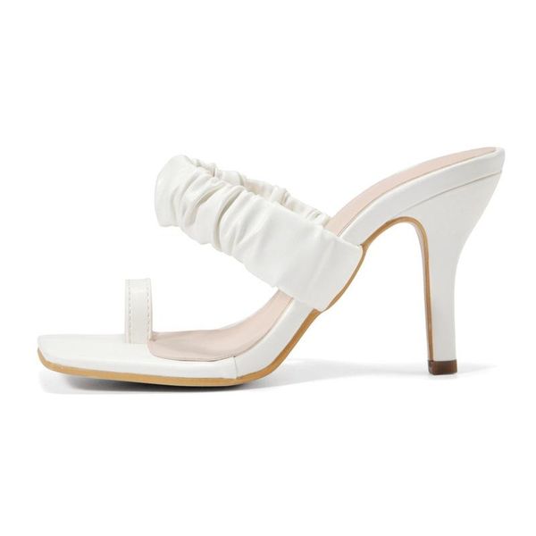 

ly arrived toe slippers mule heels shoe white pu high heel shoes pleated women sandals sliper woman zapatos mujer, Black