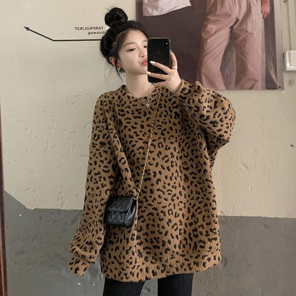 

women's hoodies & sweatshirts korean style chic o neck leopard print women simple loose casual plus size oversize pullover, Black