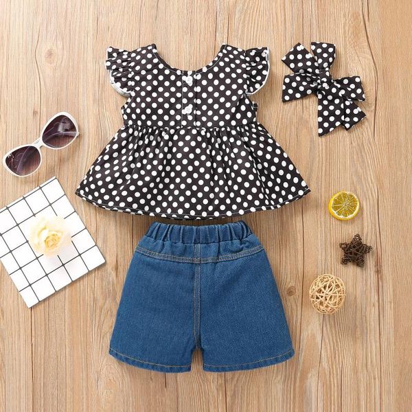 

toddler baby girls sets summer flying sleeves polka dot loose ruffled button +ripped denim shorts outfit set girl clothes clothing, White