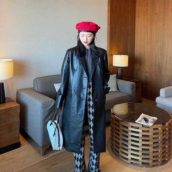 

vintage women pu leather jacket windbreaker black long style loose faux trench coat casual female ladies outwear 210608