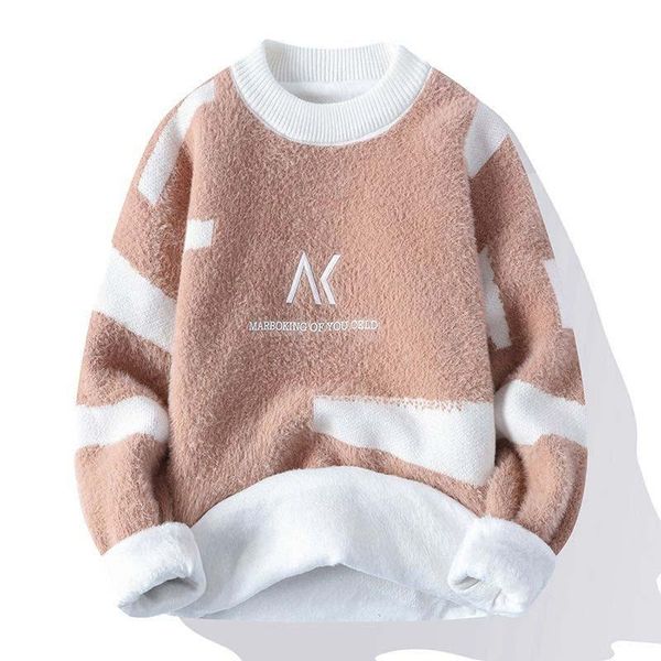 

men's sweaters ebaihui pullover contrast color autumn winter sweater korean fashion casual loose thick o-neck faux mink cashmere jumper, White;black