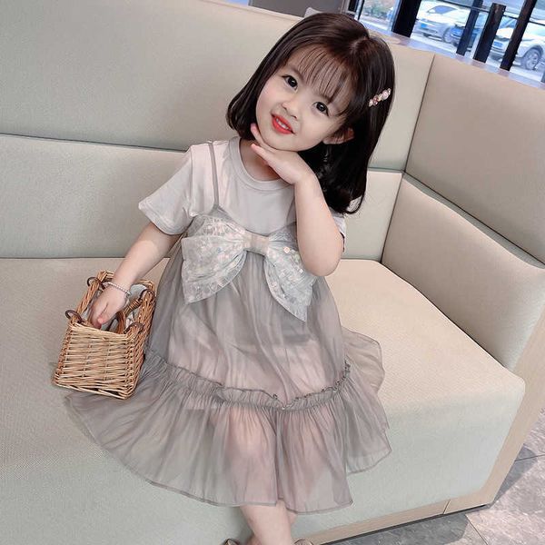 

korean children girls bows sling dress with cotton tees summer outfit clothing lovely kids boutique 2pcs 210529, Red;yellow