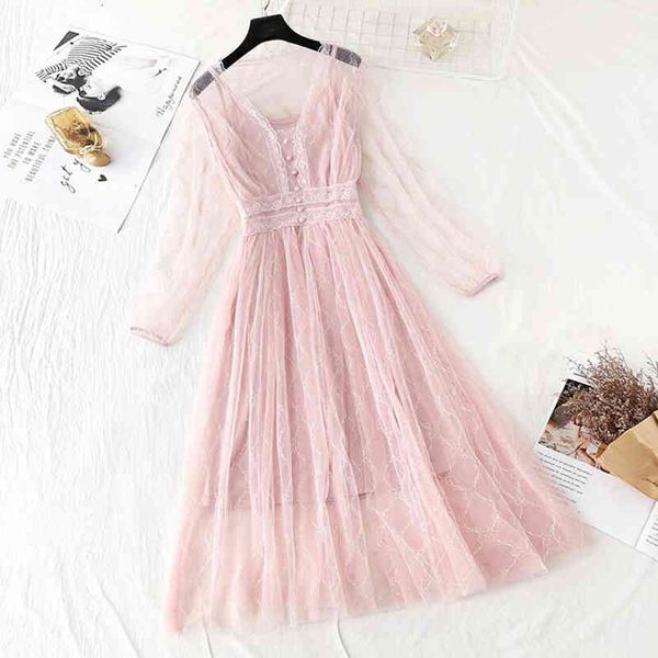 

dresses solid color women 2-piece set spring summer vintage sweet mesh es long sleeve party robe femme vestido, Black;gray