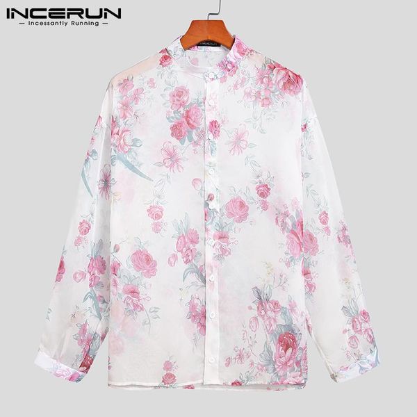 

men's casual shirts 2021 men mesh shirt printed see through vacation stand collar long sleeve camisas streetwear hawaiian s-5xl incerun, White;black