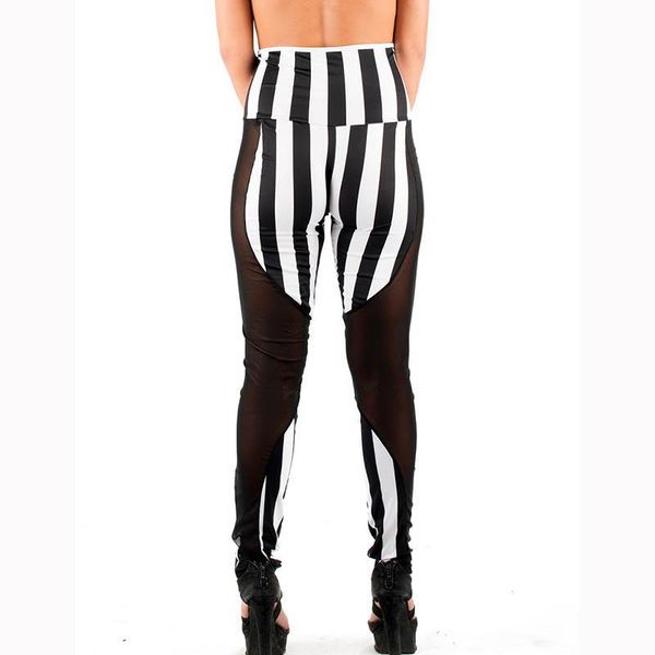 

women's leggings streetwear high waist striped patchwork mesh pants, Black
