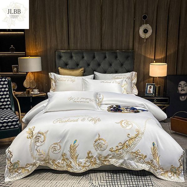 

bedding sets luxury white 60s satin silk cotton set soft silky gold feather embroidery duvet cover flat/fitted sheet pillowcases